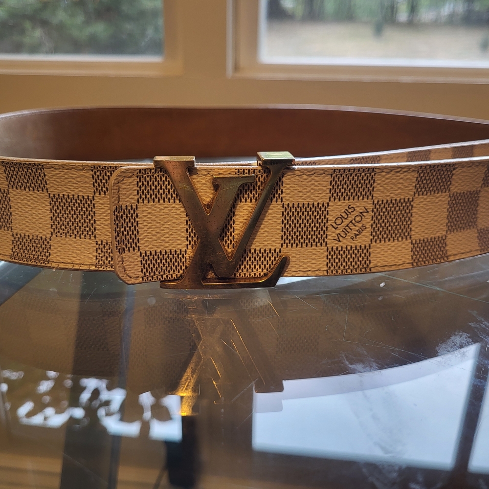 Louis Vuitton Tan Checkered Belt with Gold Buckle 42 Inches